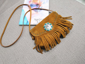 Genuine Leather Bohemian Gypsy Styled Handbag With Aqua Stones
