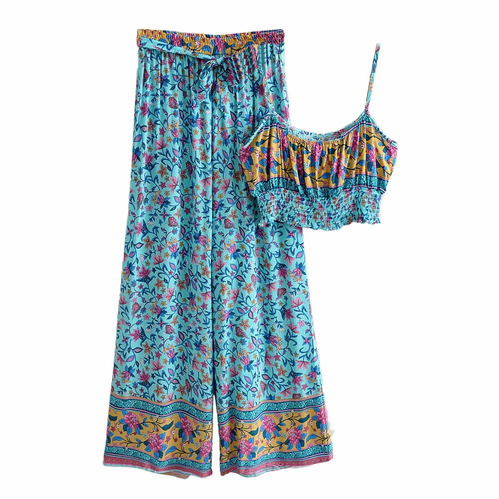 Women's Blue 60's Flower Child Two Piece Outfit | Sleeveless Top + Bohemian Pants | S-L