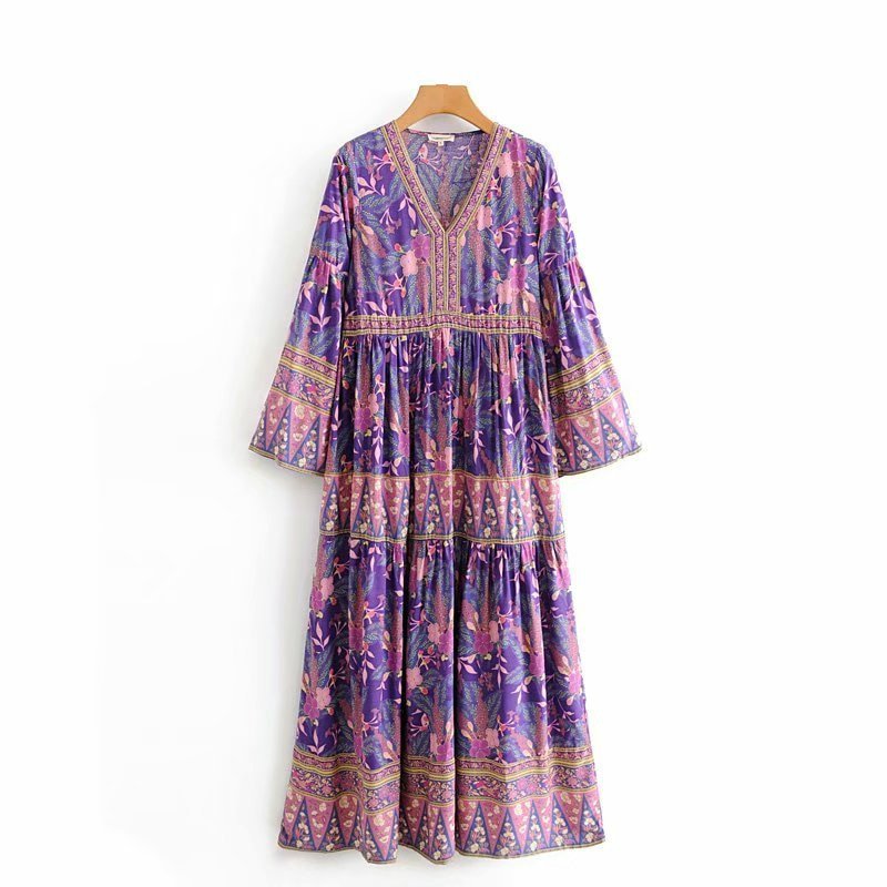 Women's Purple Beach Bohemian Dress | V-Neck | S-L