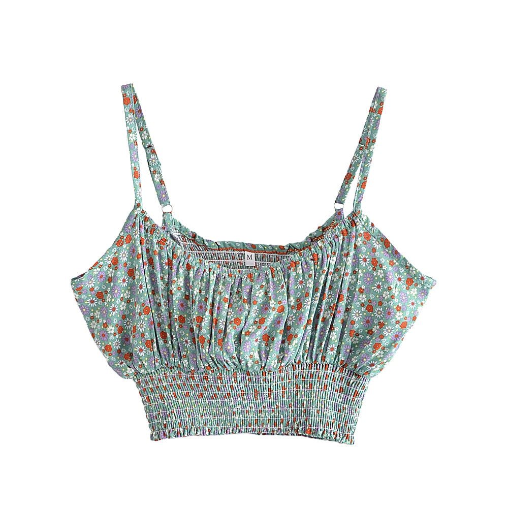 Women's Green Floral Bohemian Two Piece Outfit | Sleeveless Top + Loose Pants | S-L