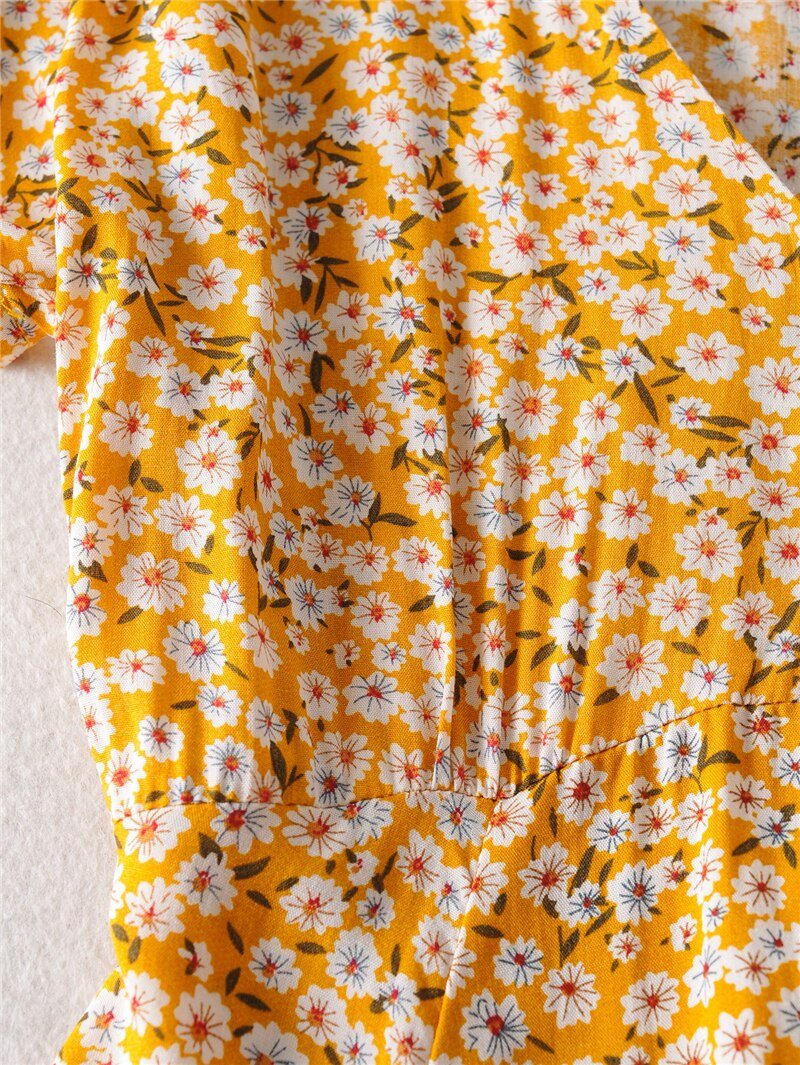 Women's Hippie Yellow Deep V-Neck Dress | Boho Flowers | S-L