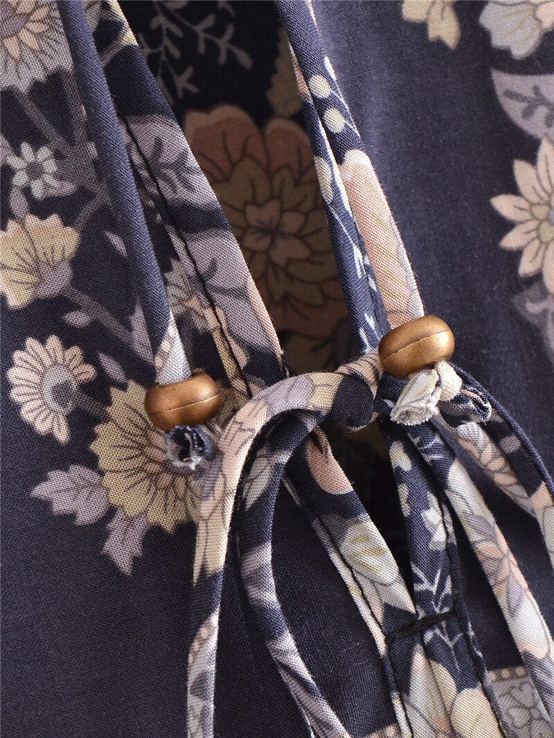 Grey Floral Vintage Styled Dress | Tassels + V-Neck | S-L