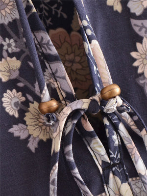 Grey Floral Vintage Styled Dress | Tassels + V-Neck | S-L