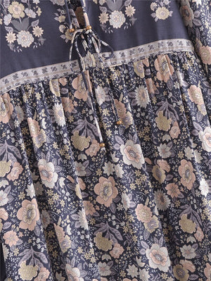 Grey Floral Vintage Styled Dress | Tassels + V-Neck | S-L