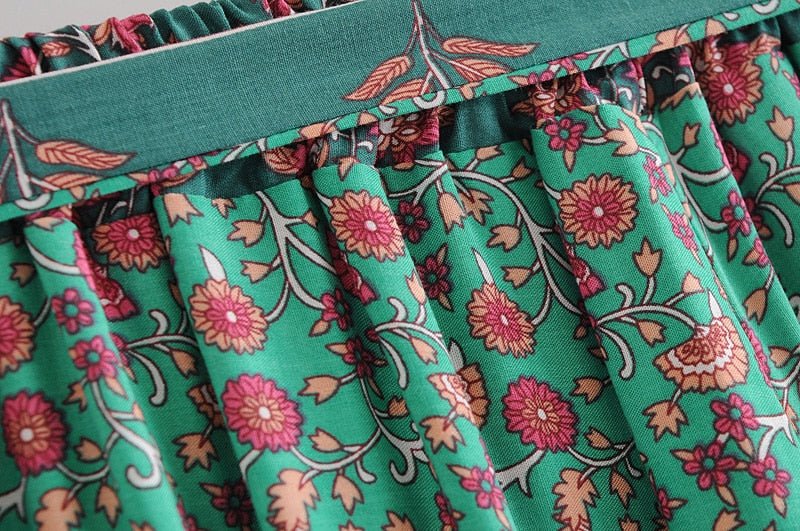 Women's Vintage Green Floral Two Piece Set | Strapless Tops + Bohemian Pants | S-L