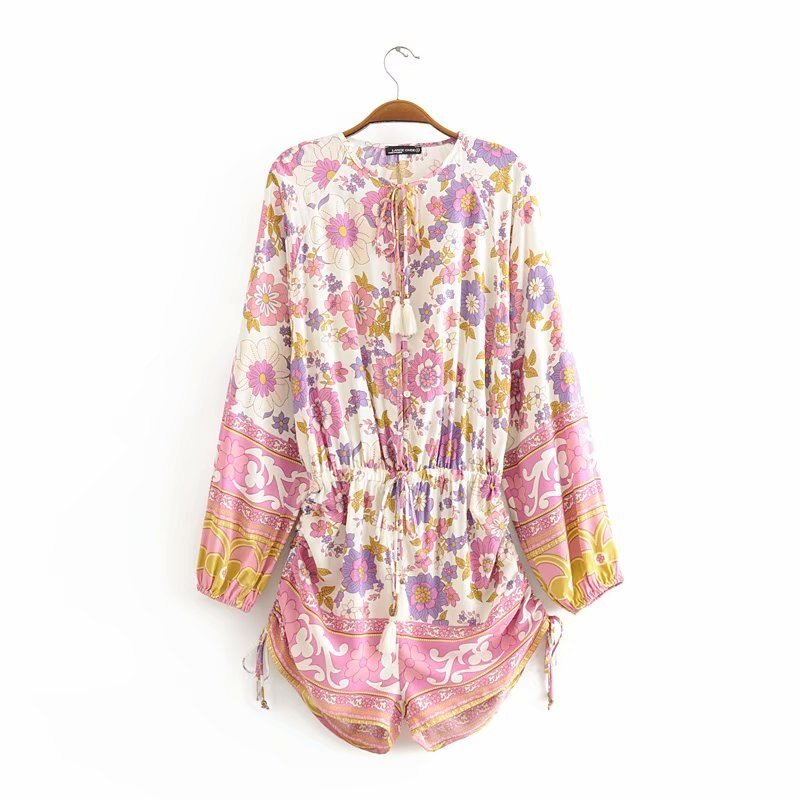 Women's Floral Boho Romper With Tassels | V-Neck Jumpsuit | S-L
