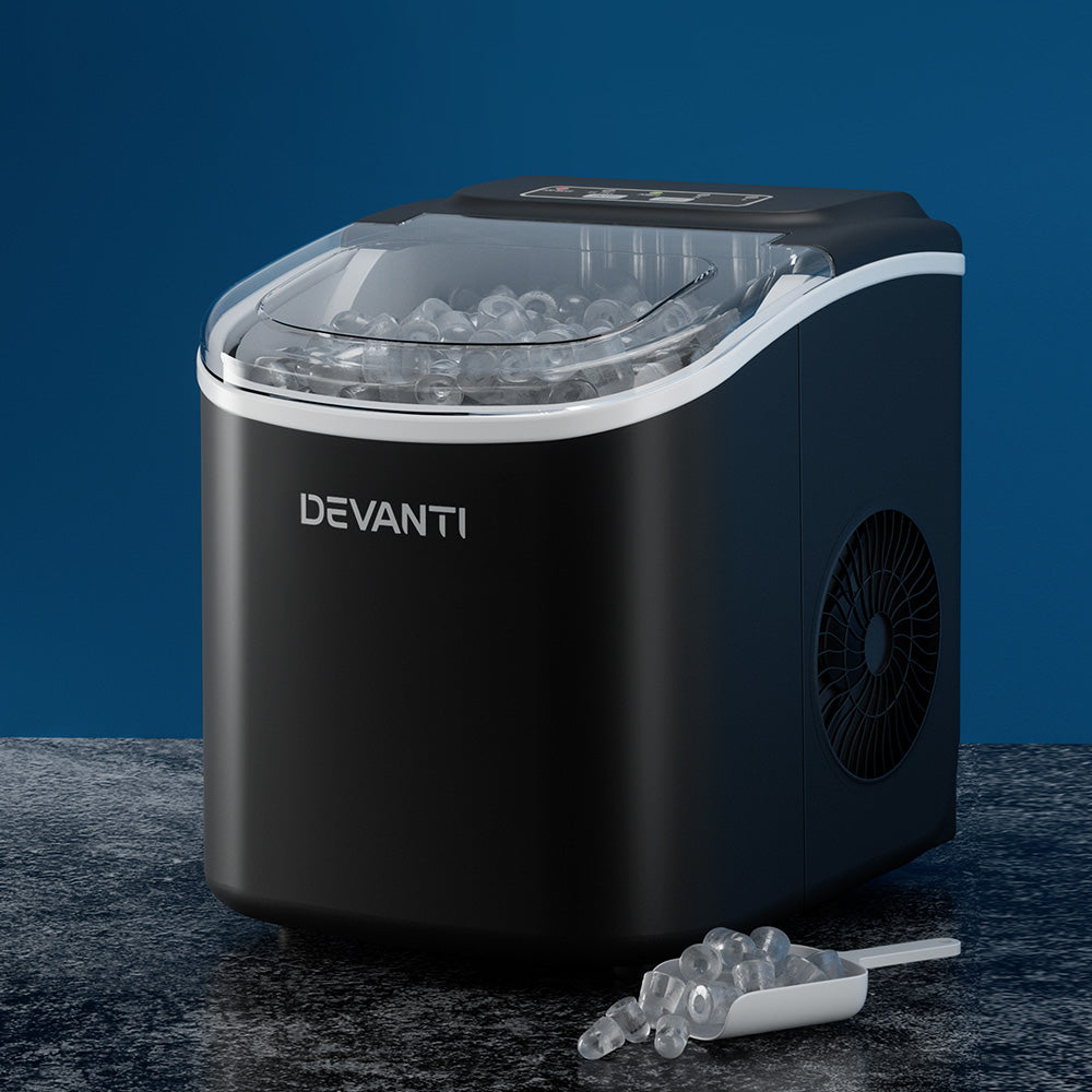 Devanti Black Portable Ice Maker | 12kg Ice Cube Tray | Bar Countertop