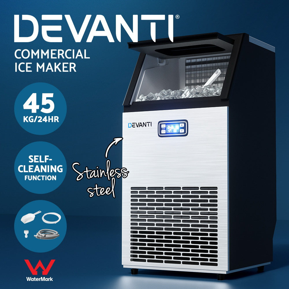 Devanti Stainless Steel 45kg Commercial Ice Maker | Bar Ice Cube Machine