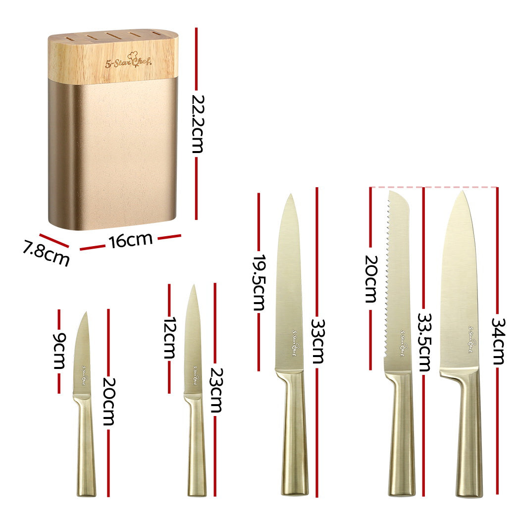 5-Star Chef 6-Piece Stainless Steel Kitchen Knife Set | Nonstick Block | Sharp Chef Knives