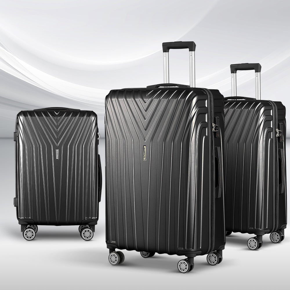 3pc Luggage Trolley Suitcase Sets | 20'' 24'' 28'' | Travel Hard Case | Lightweight Black