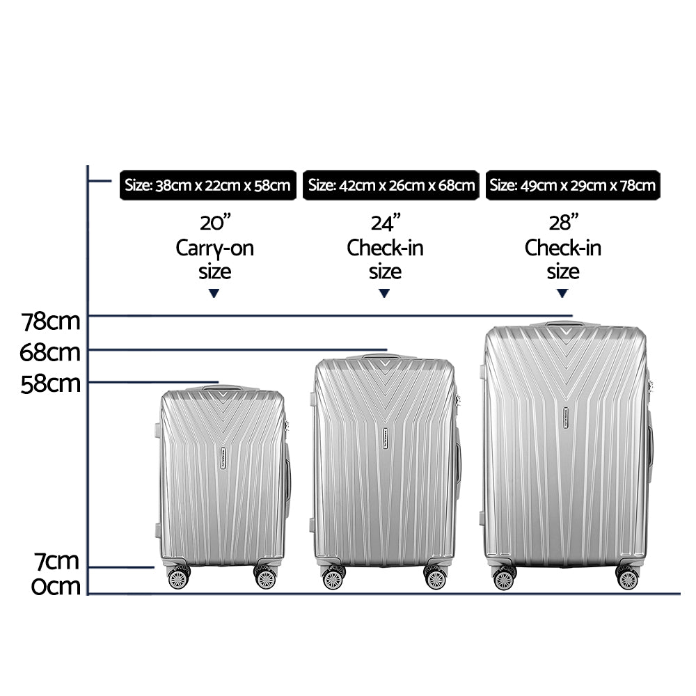 3pc Luggage Trolley Suitcase Sets | 20'' 24'' 28'' | Travel Hard Case | Lightweight Silver