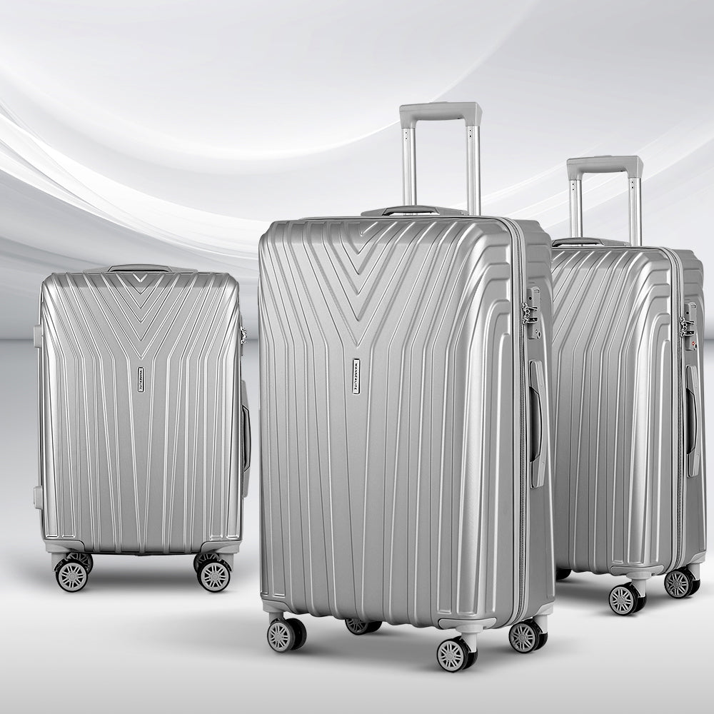 3pc Luggage Trolley Suitcase Sets | 20'' 24'' 28'' | Travel Hard Case | Lightweight Silver