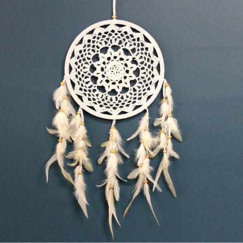 Large White Crochet Dream Catcher With Feathers