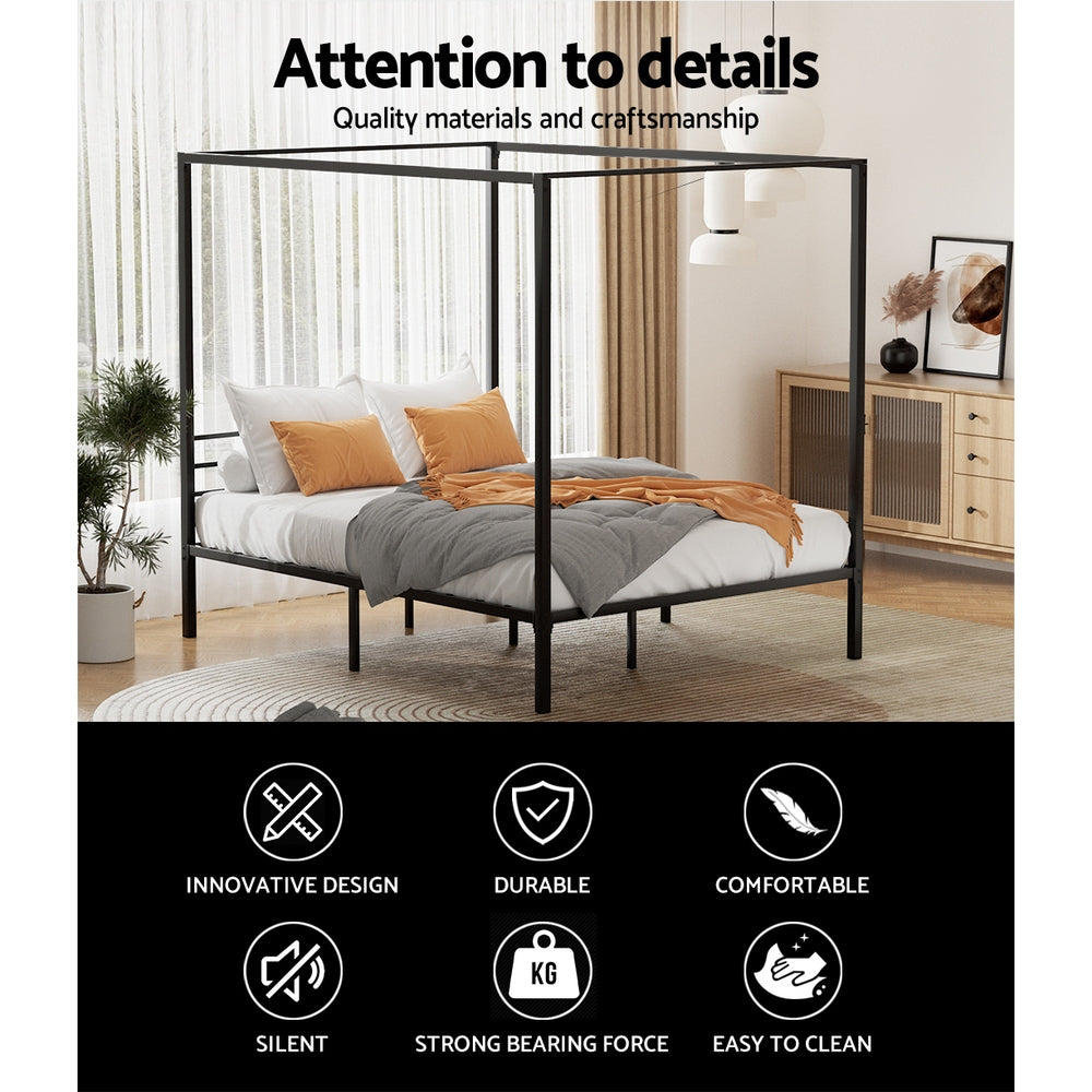 Artiss Four-Poster Metal Bed Frame - Double Size | Sleek Black Platform (POCHY)