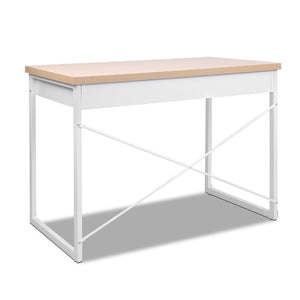 Artiss Metal Desk with Drawer - White with Wooden Top