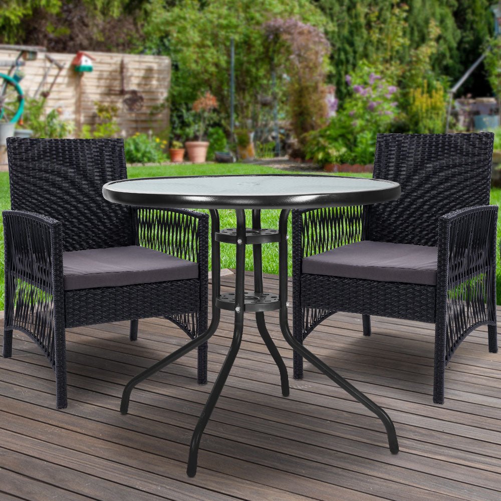 Gardeon Outdoor Furniture Dining Chairs Wicker Garden Patio Cushion Black 3PCS Tea Coffee Cafe Bar Set - The Hippie House