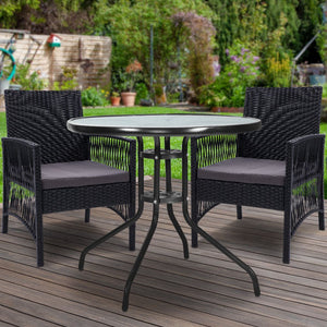 Gardeon Outdoor Furniture Dining Chairs Wicker Garden Patio Cushion Black 3PCS Tea Coffee Cafe Bar Set - The Hippie House