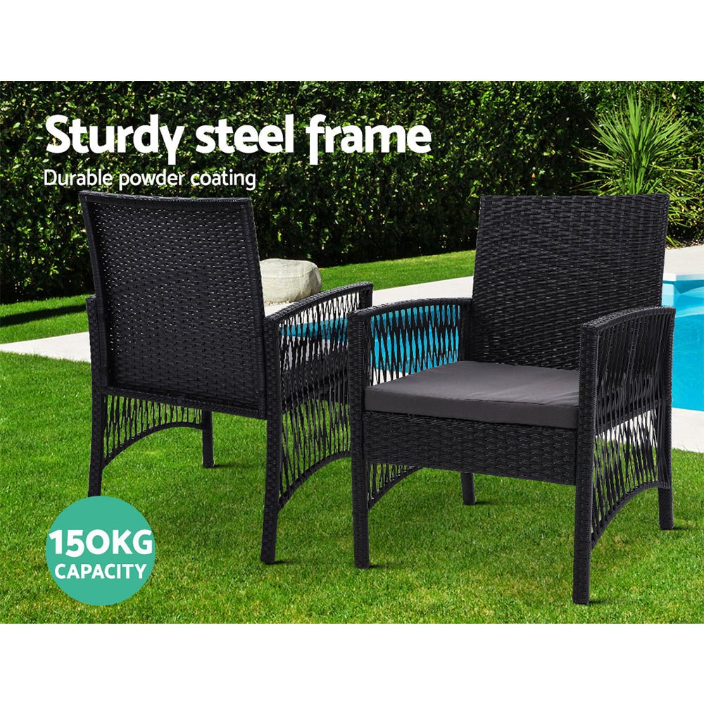 Gardeon Outdoor Furniture Dining Chairs Wicker Garden Patio Cushion Black 3PCS Tea Coffee Cafe Bar Set - The Hippie House