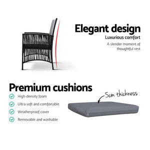 Gardeon Outdoor Furniture Dining Chairs Wicker Garden Patio Cushion Black 3PCS Tea Coffee Cafe Bar Set - The Hippie House