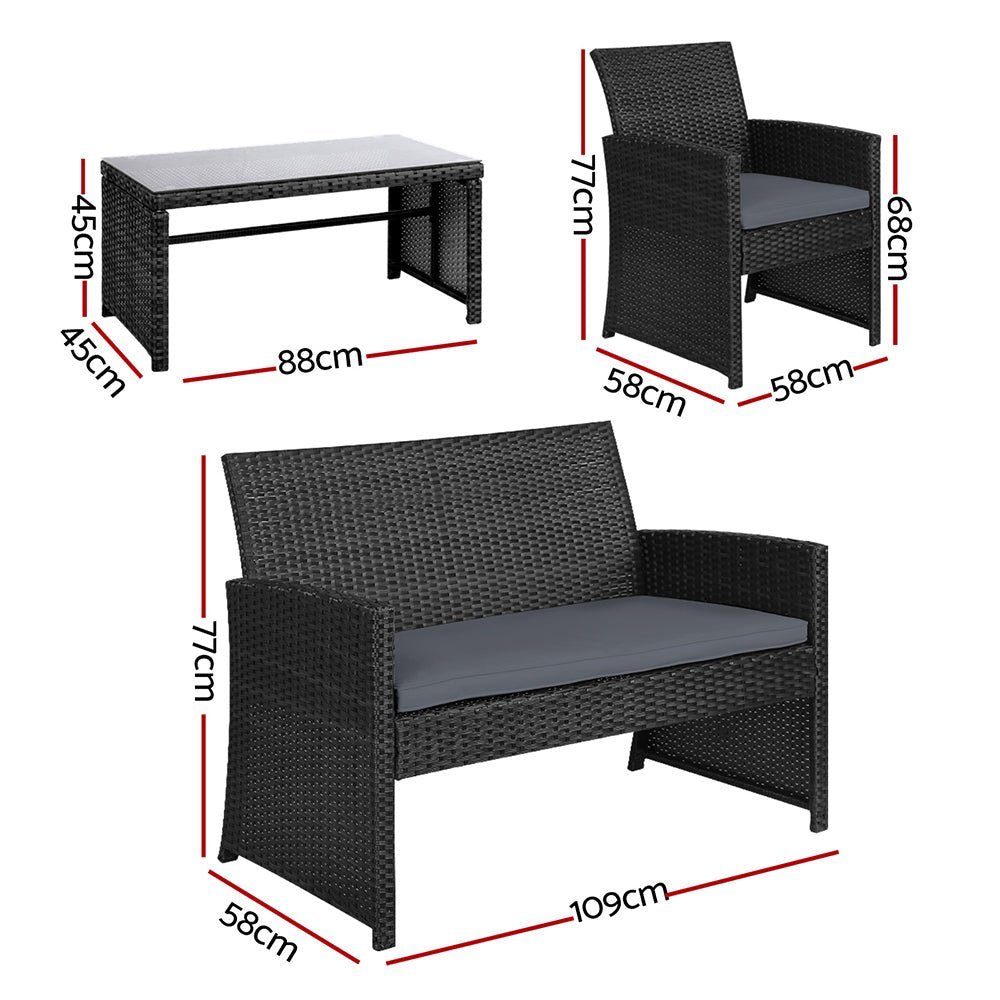 Set of 4 Outdoor Black Wicker Chairs & Table