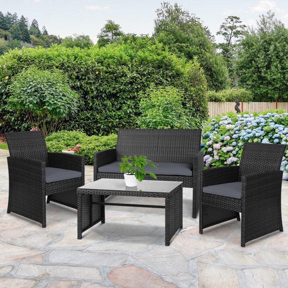 Set of 4 Outdoor Black Wicker Chairs & Table