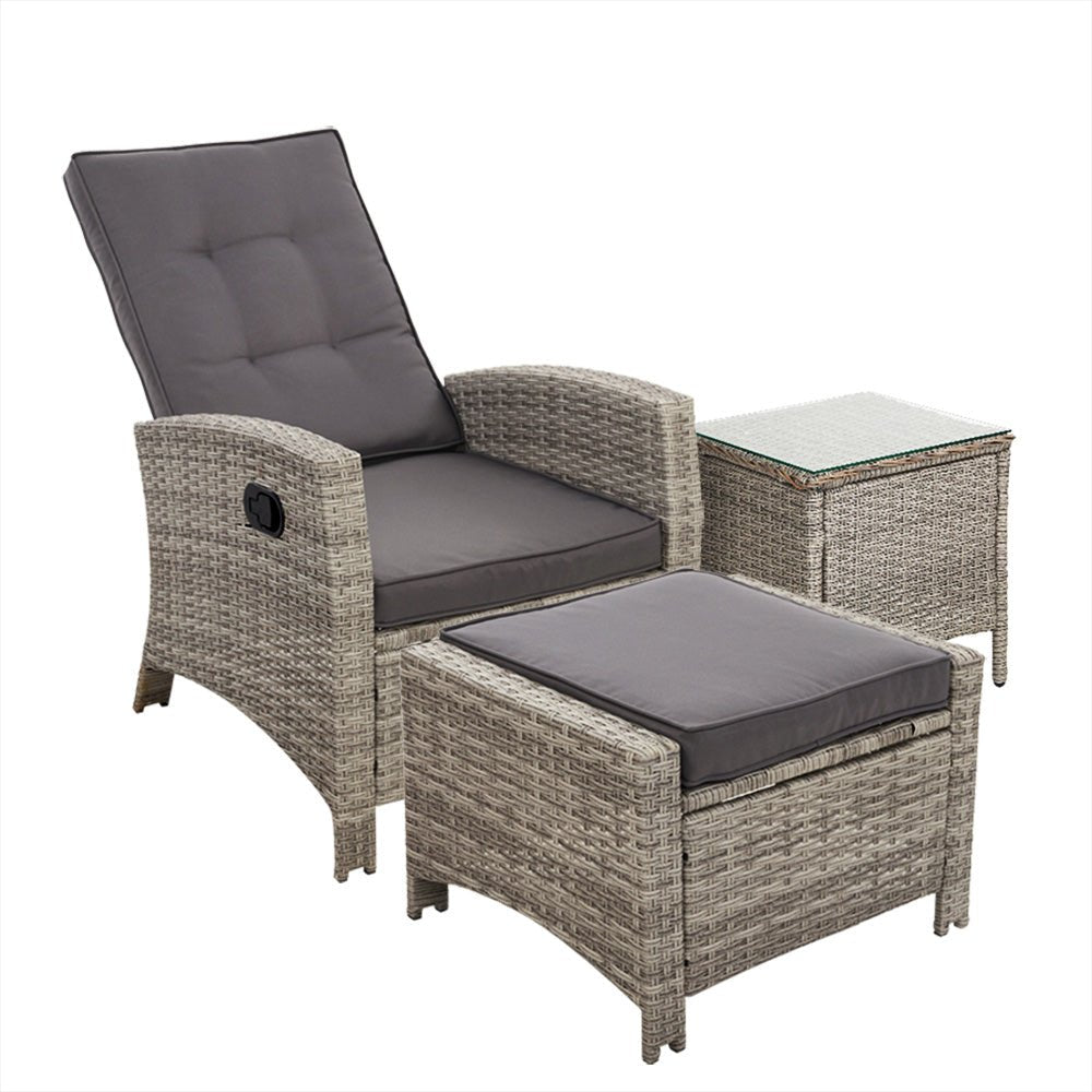 Recliner Chair / Table Set - Grey Wicker Cushions Included
