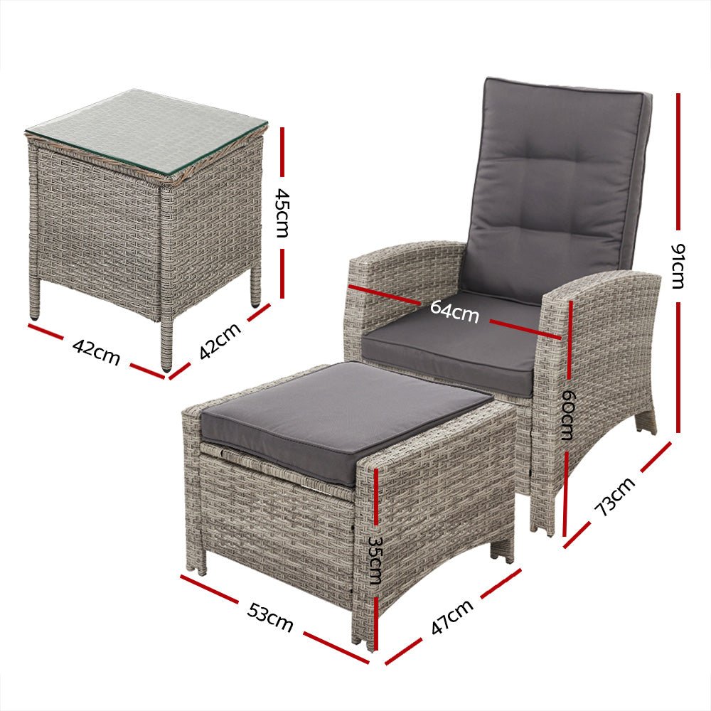 Recliner Chair / Table Set - Grey Wicker Cushions Included