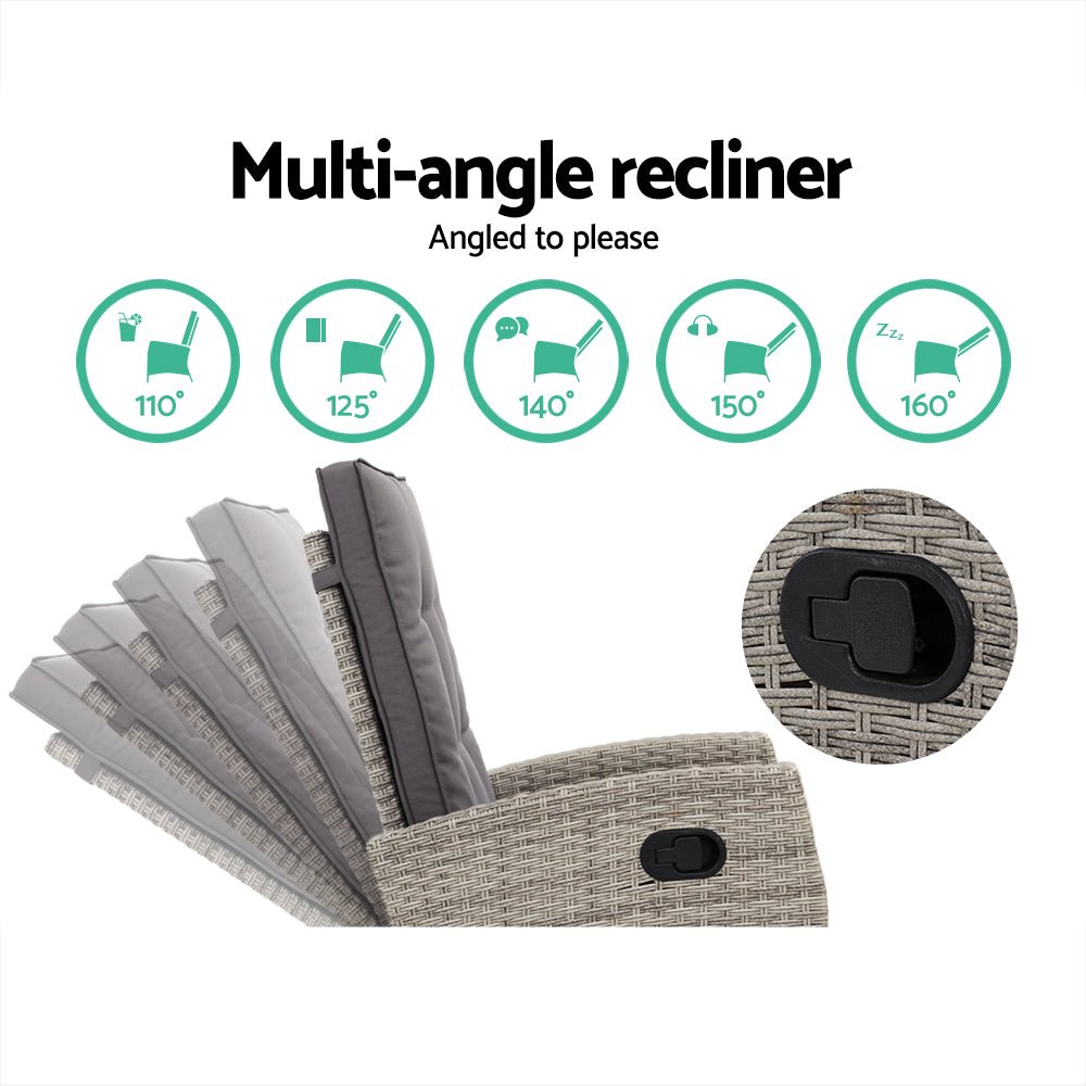 Recliner Chair / Table Set - Grey Wicker Cushions Included