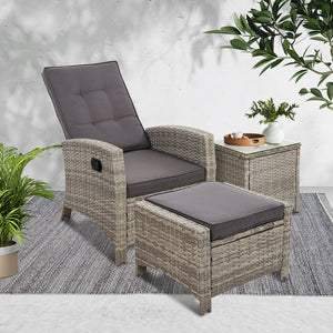 Recliner Chair / Table Set - Grey Wicker Cushions Included