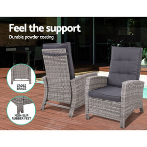 Recliner Chair / Table Set - Grey Wicker Cushions Included