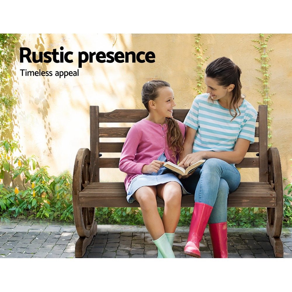 Backyard Feature Bench With Wagon Wheels