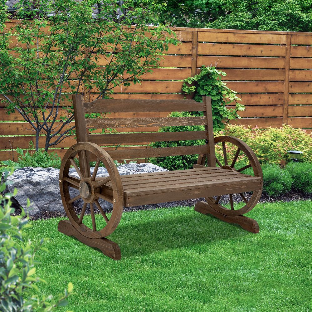 Backyard Feature Bench With Wagon Wheels