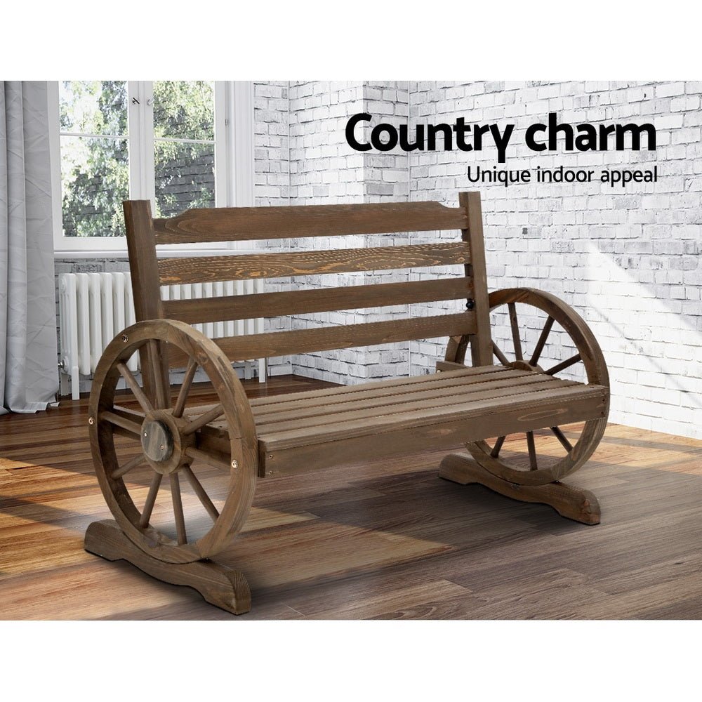Backyard Feature Bench With Wagon Wheels
