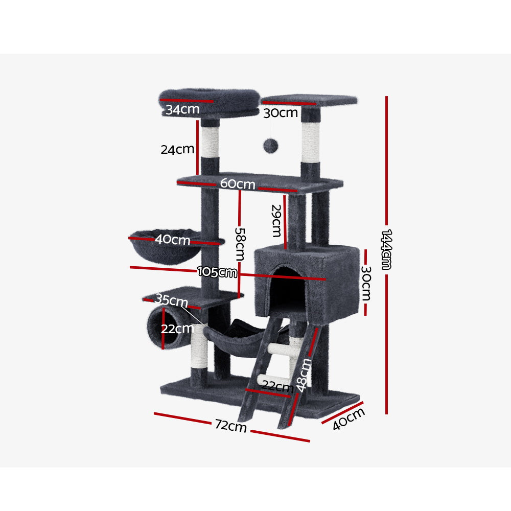 i.Pet 144cm Cat Tree Scratching Post | Tower Scratcher with Wood Condo Toys and Bed