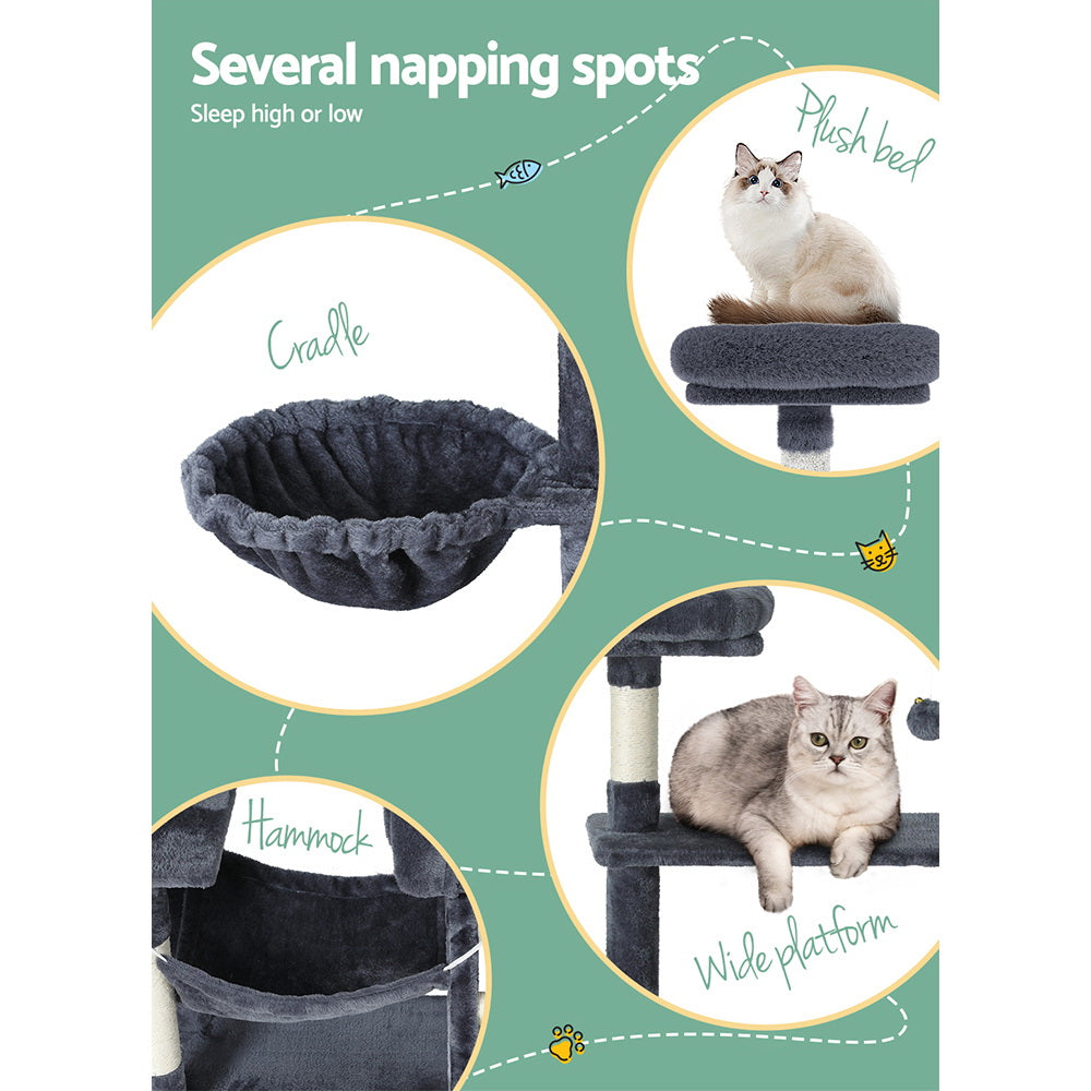 i.Pet 144cm Cat Tree Scratching Post | Tower Scratcher with Wood Condo Toys and Bed