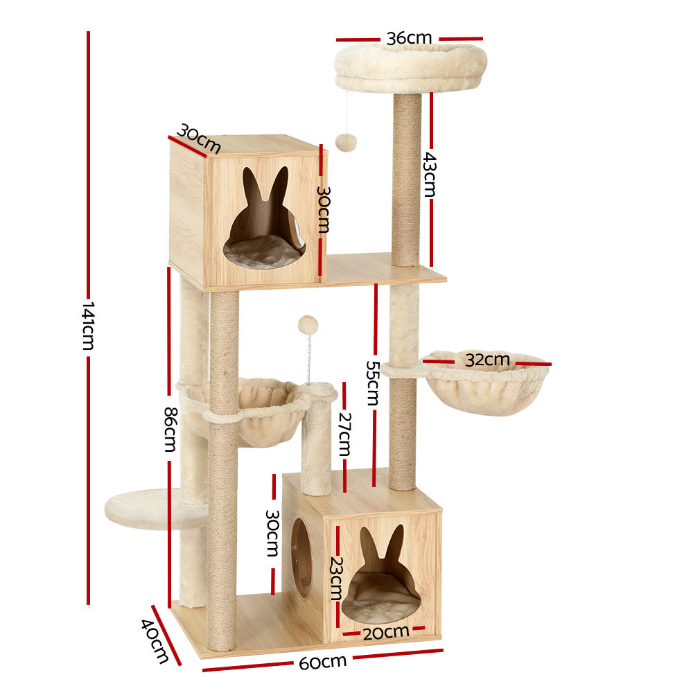 i.Pet Cat Tree Tower Scratching Post | Wood Bed Condo Toys House | 141cm