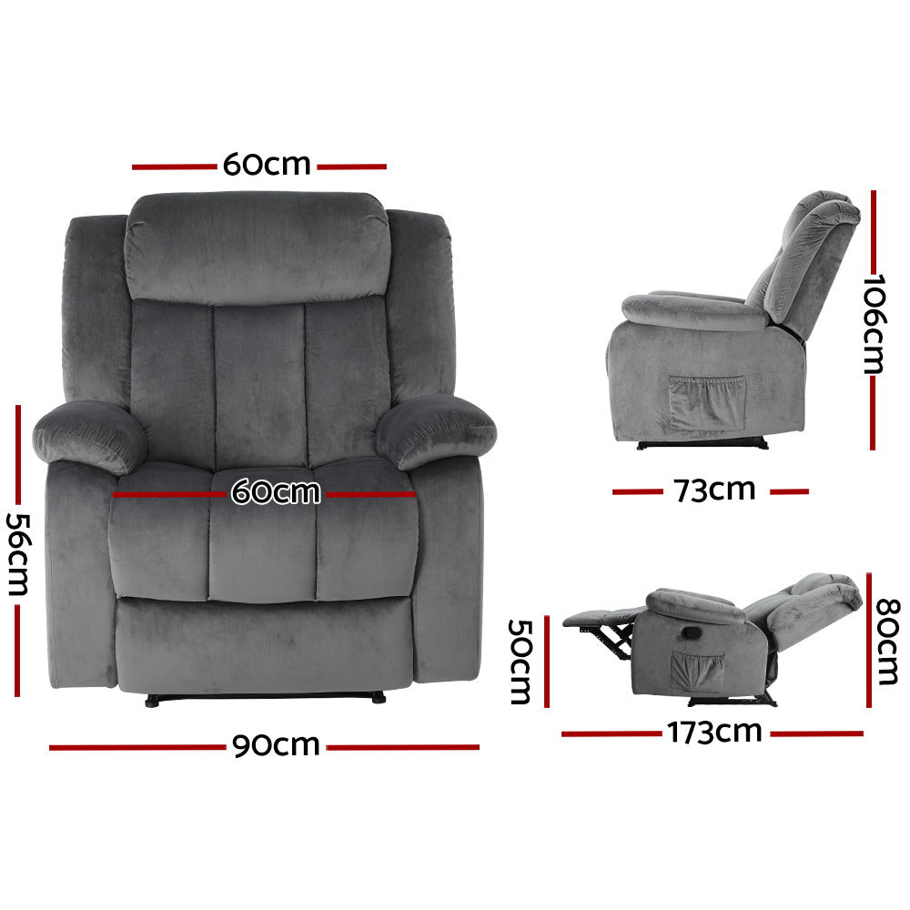 Artiss Electric Massage Recliner Chair | Heated Velvet Lounge Sofa, Grey