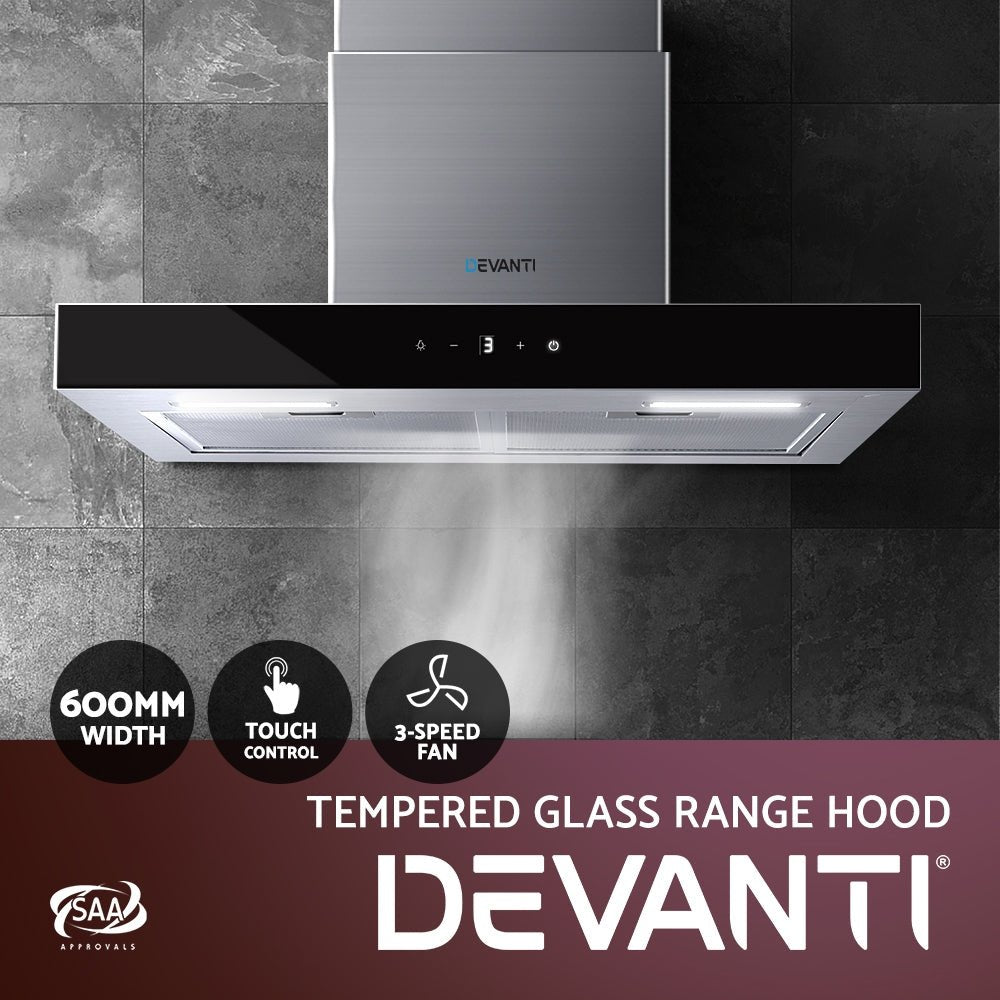 Devanti Rangehood 600mm Range Hood 60cm Stainless Steel Glass Kitchen Canopy - The Hippie House