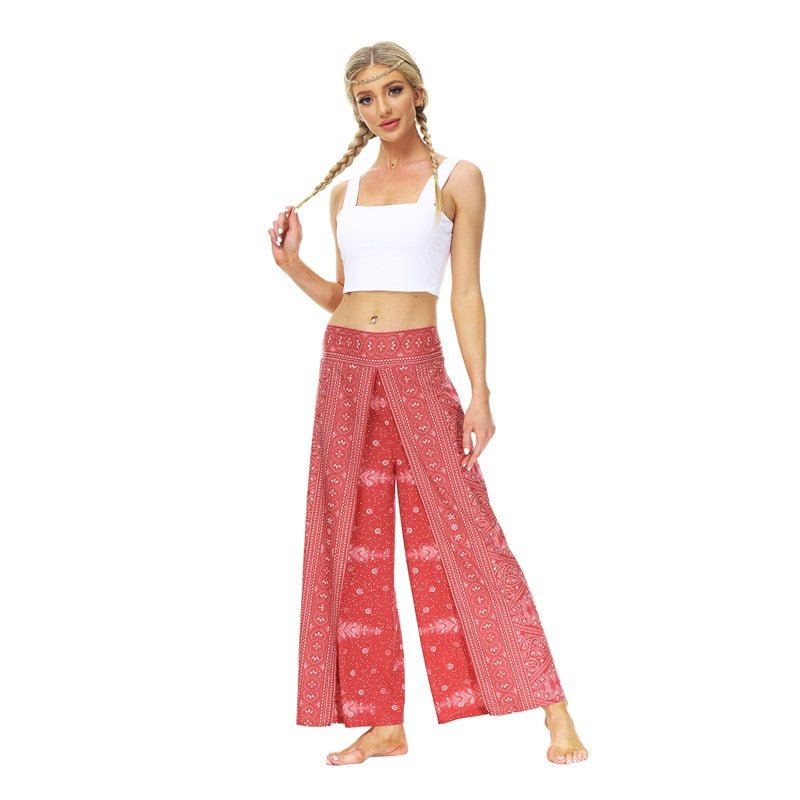 Women's Casual Slit Wide Leg Hippie Boho Pants | Bohemian Red Design | S-L