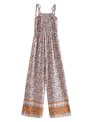 Women's Full Length Red Floral Printed Boho Jumpsuit | Strapless + V-neck | S-L