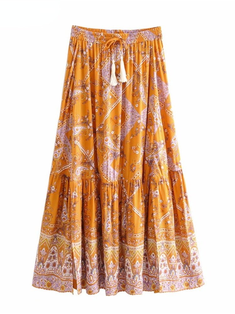 Women's Hippie High Waisted Skirt | Floral Orange | S-L