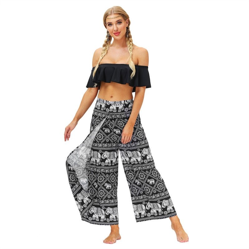 Women's Casual Slit Wide Leg Hippie Boho Pants | Black Thai Elephant Design | S-L