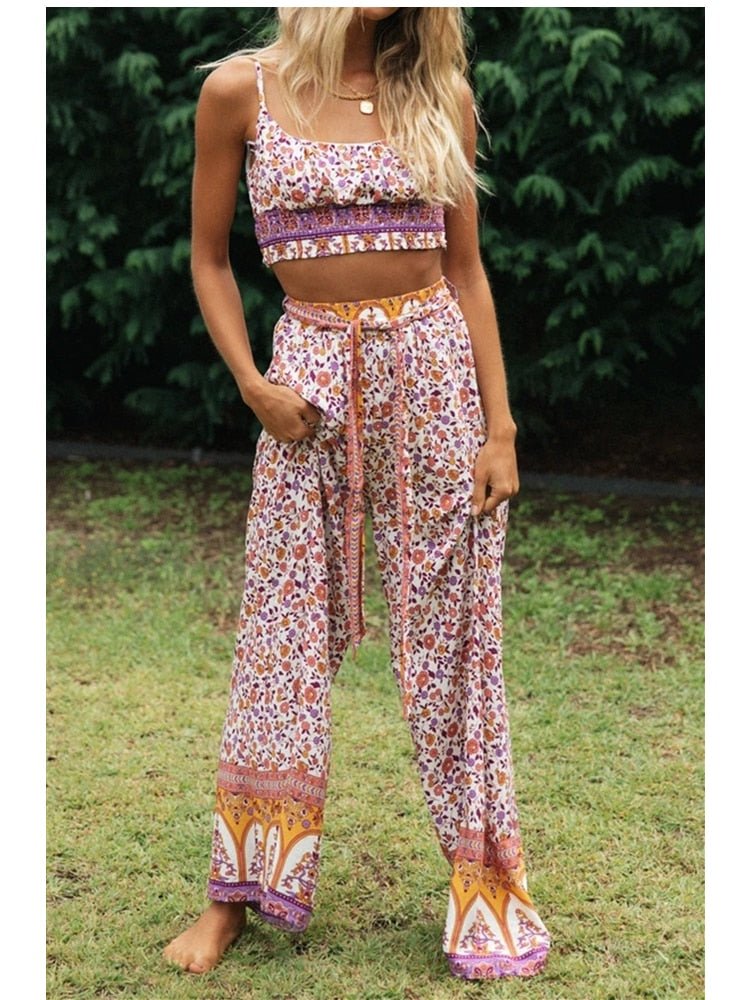 Women's 60's Flower Child Two Piece Outfit | Sleeveless Top + Bohemian Pants | S-L