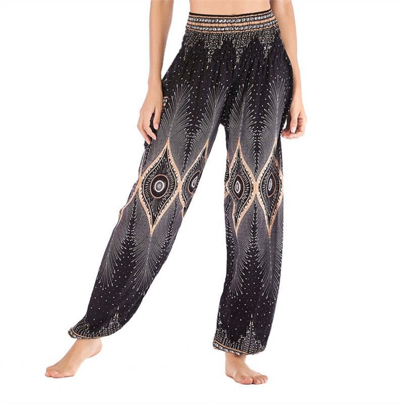Women's Hippie Yoga Pants | Black Aztec Design | Free Size