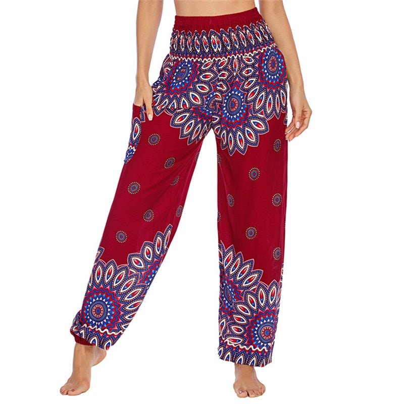 Women's Hippie Yoga Pants | Beautiful Red Flower Design | Free Size