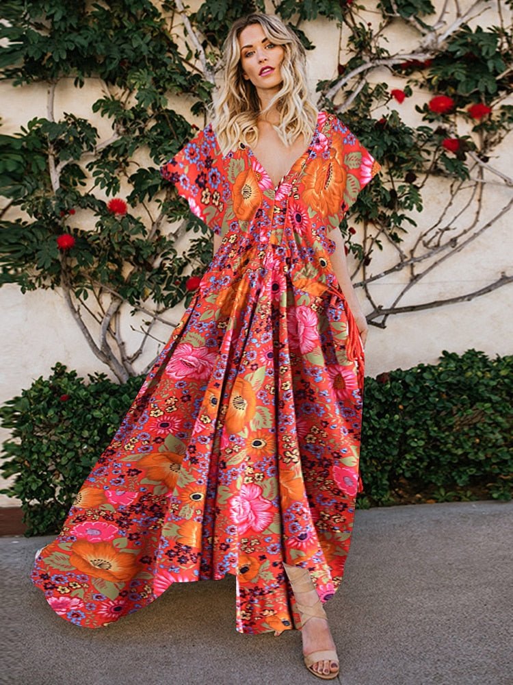 bright boho dress Bright Floral Puff Sleeve Midi Dress Yellow Cotton Boho Summer Dress with Tiered Skirt