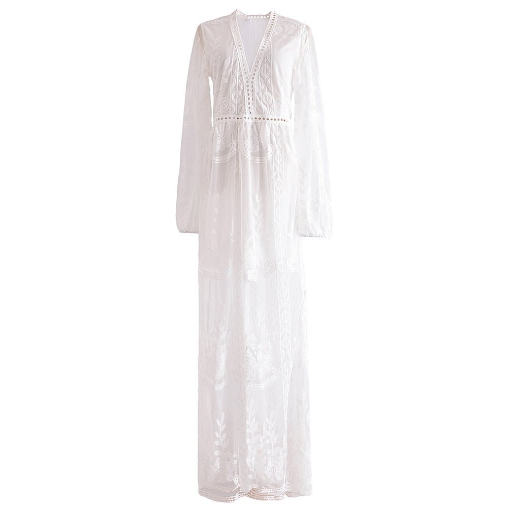 Long White Bohemian Maxi Dress | Lace + Hollowed Out Design | S-2XL