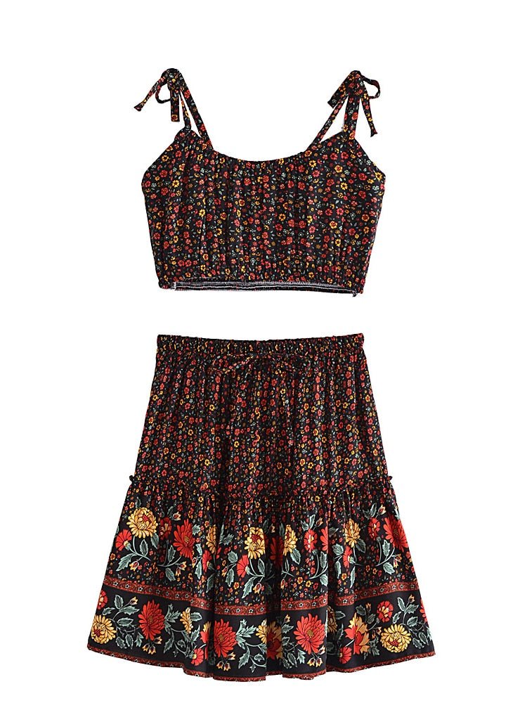 Women's Floral Bohemian Two Piece Outfit | Strapless Top + Mini Skirt | S-L | Various Colours