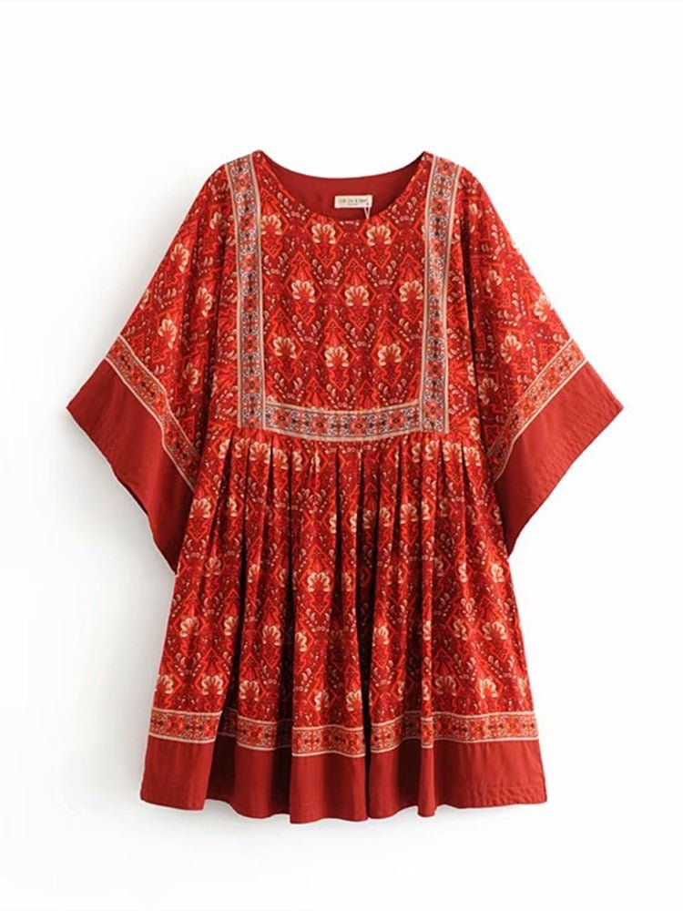 Women's Red Floral Bohemian Mini Dress | O-Neck + Batwing Sleeves | S-L