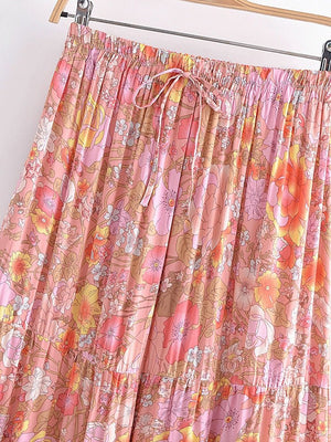 Women's Hippie High Waisted Skirt | Floral Pink | S-L